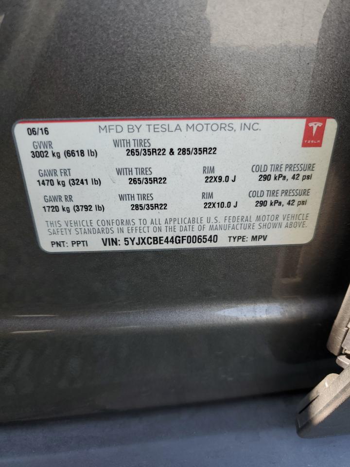 2016 Tesla Model X VIN: 5YJXCBE44GF006540 Lot: 61871925