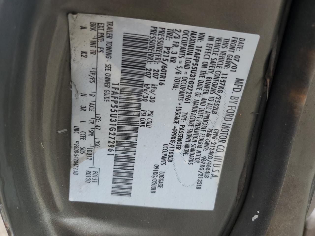2001 Ford Taurus Ses VIN: 1FAFP55U31G272961 Lot: 61556795