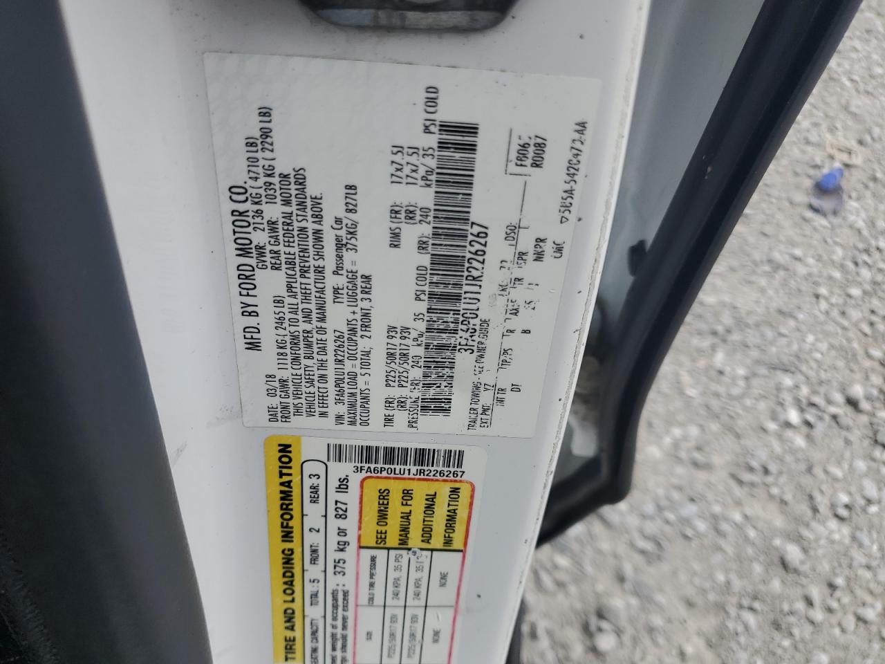 2018 Ford Fusion Se Hybrid VIN: 3FA6P0LU1JR226267 Lot: 63196475