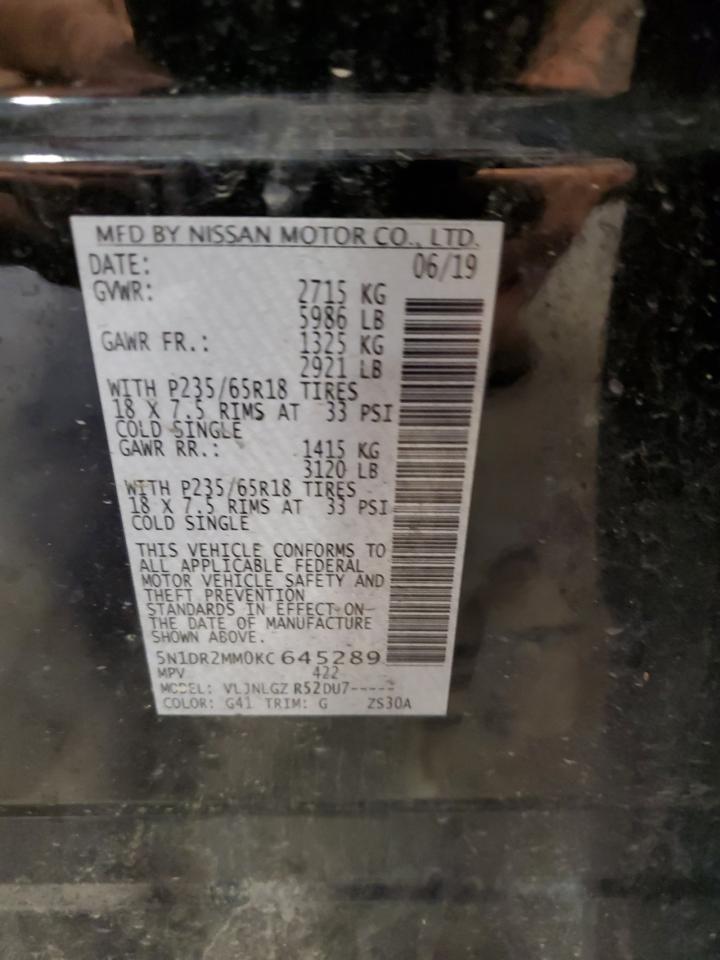 2019 Nissan Pathfinder S VIN: 5N1DR2MM0KC645289 Lot: 60805785