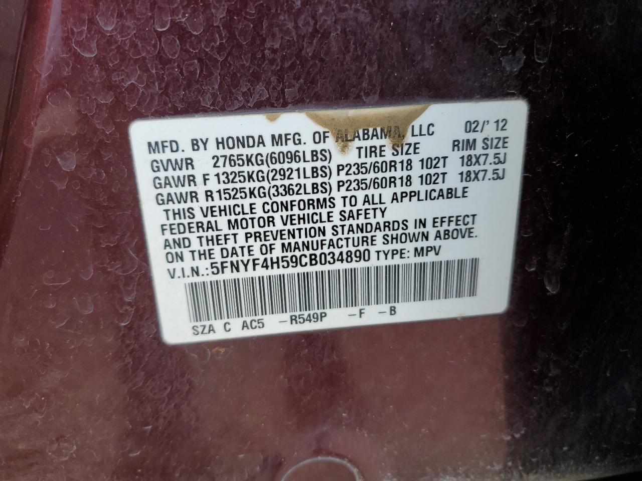 2012 Honda Pilot Exl VIN: 5FNYF4H59CB034890 Lot: 62219705