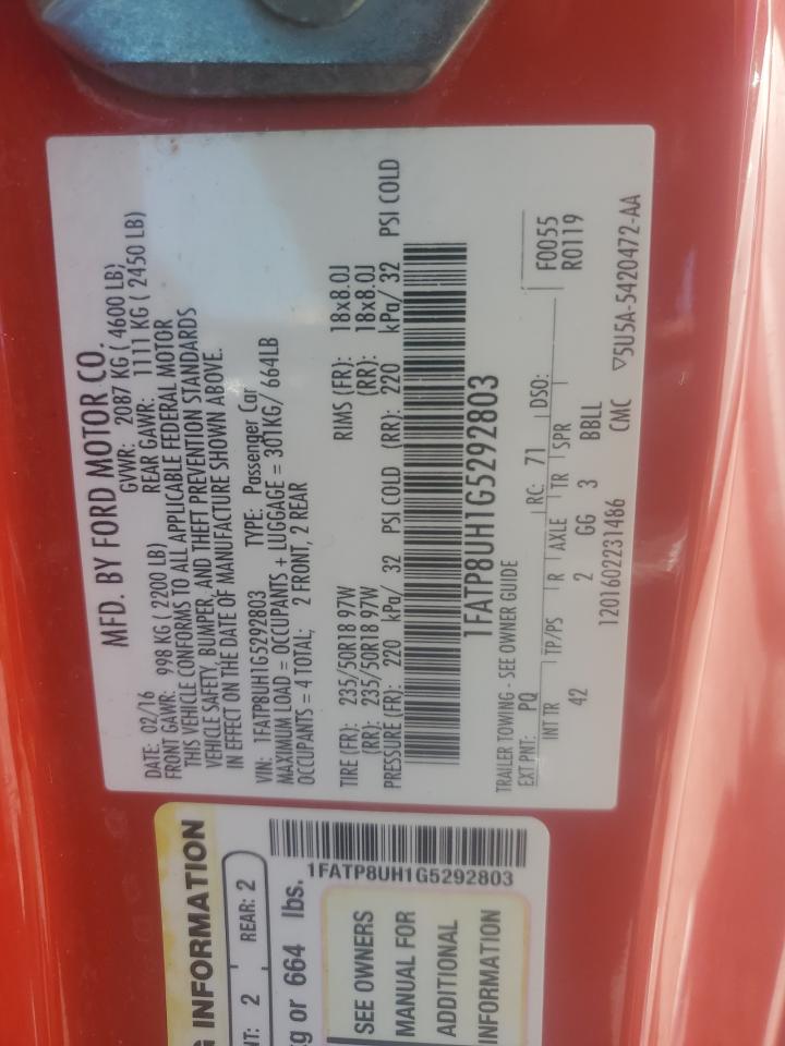2016 Ford Mustang VIN: 1FATP8UH1G5292803 Lot: 62628745