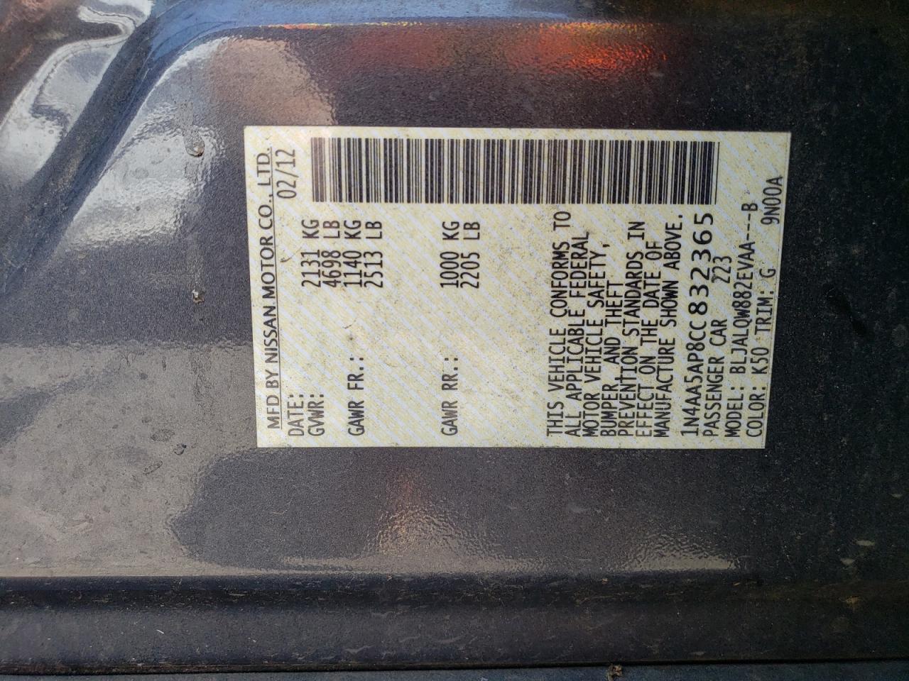 2012 Nissan Maxima S VIN: 1N4AA5AP8CC832365 Lot: 62026035