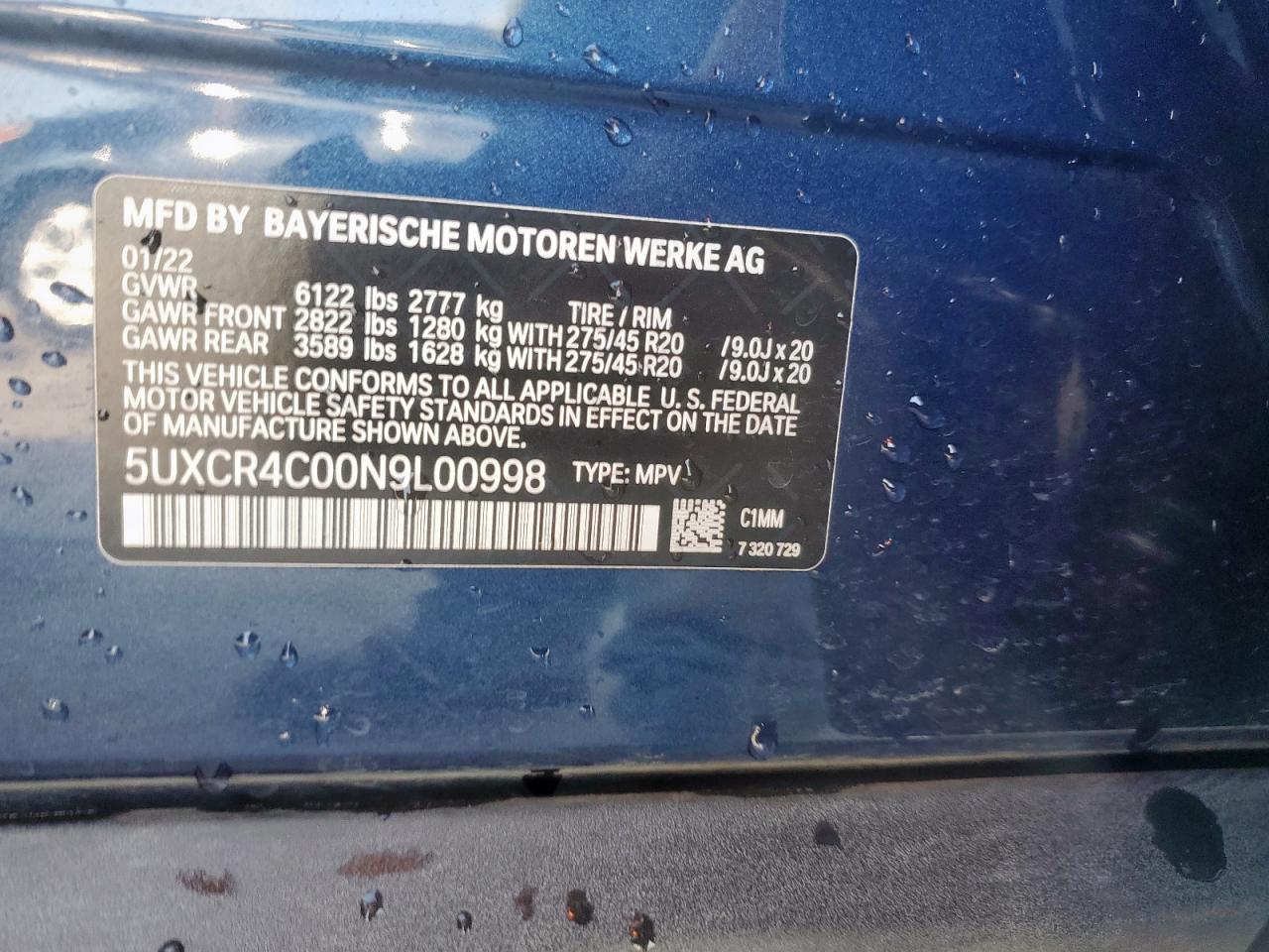 2022 BMW X5 Sdrive 40I VIN: 5UXCR4C00N9L00998 Lot: 61625535