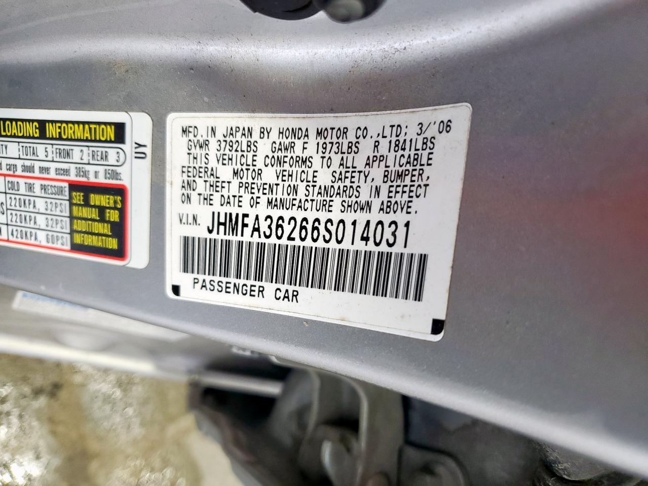 2006 Honda Civic Hybrid VIN: JHMFA36266S014031 Lot: 61086385