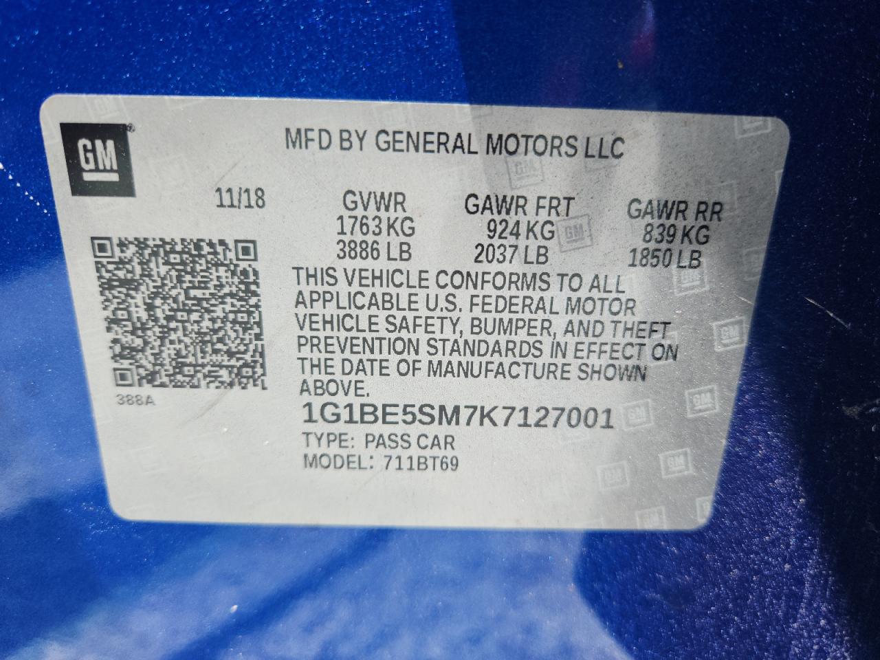 2019 Chevrolet Cruze Lt VIN: 1G1BE5SM7K7127001 Lot: 62895225
