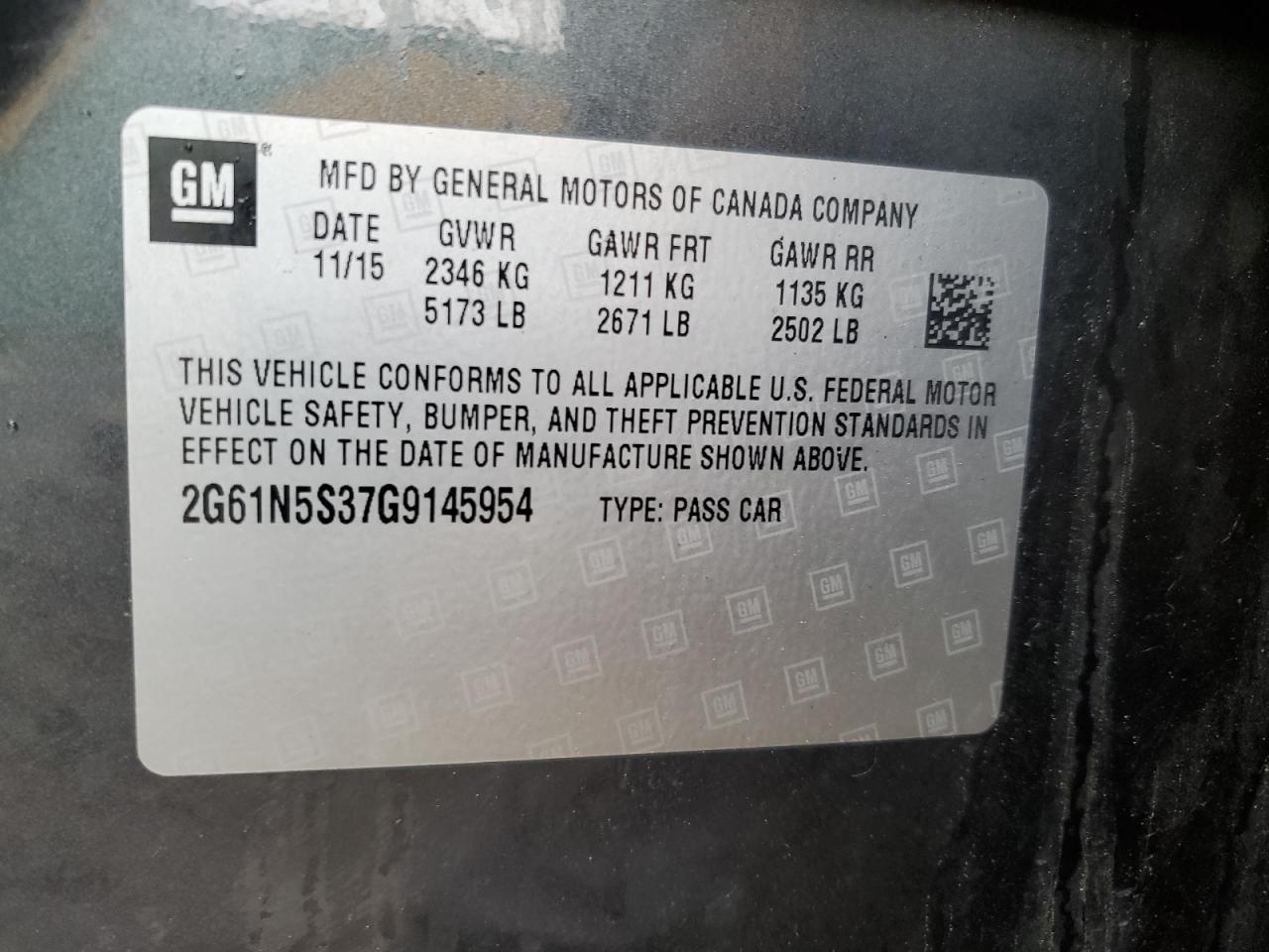 2016 Cadillac Xts Luxury Collection VIN: 2G61N5S37G915954 Lot: 61725035