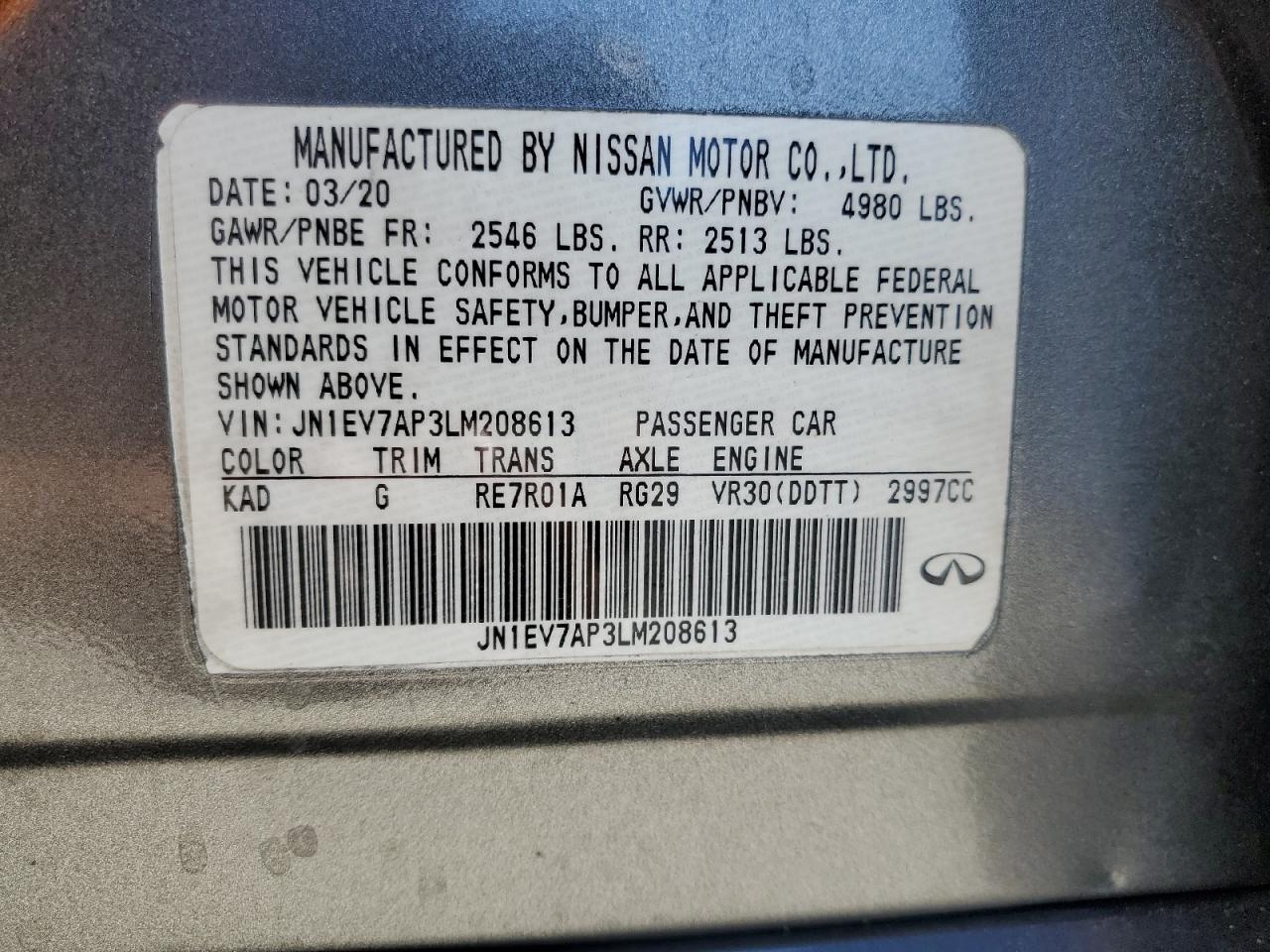 2020 Infiniti Q50 Pure VIN: JN1EV7AP3LM208613 Lot: 60466385