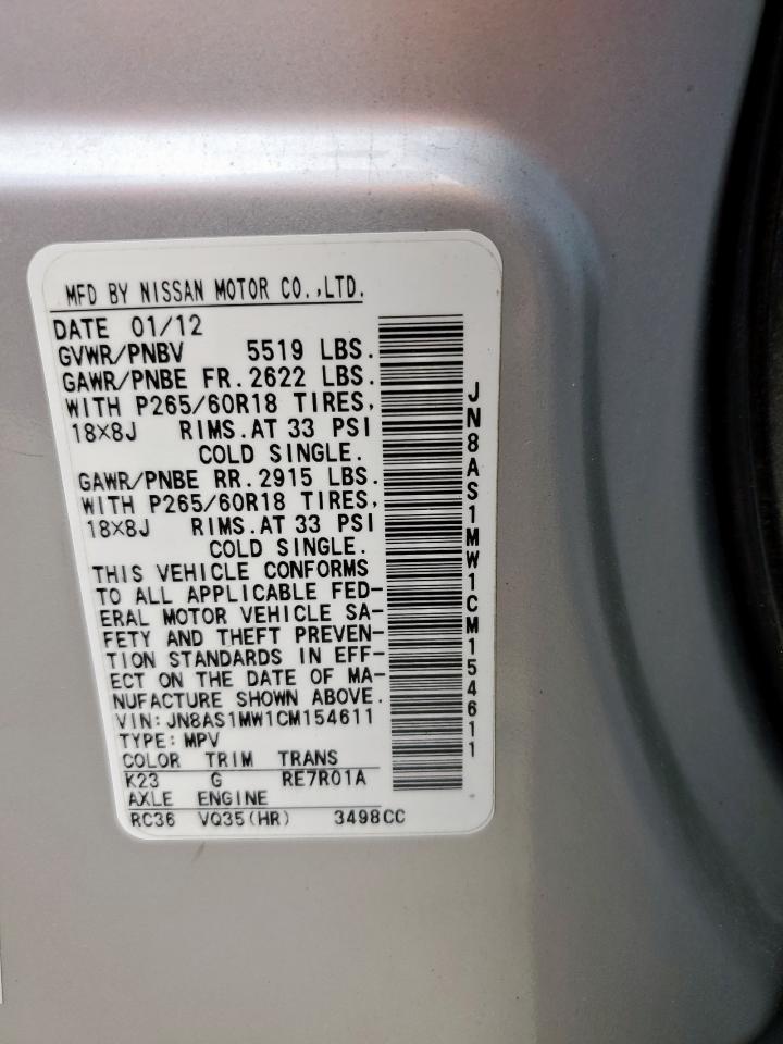 2012 Infiniti Fx35 VIN: JN8AS1MW1CM154611 Lot: 59969325
