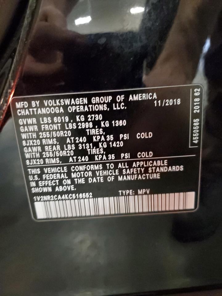2019 Volkswagen Atlas Sel Premium VIN: 1V2NR2CA4KC516552 Lot: 62674115