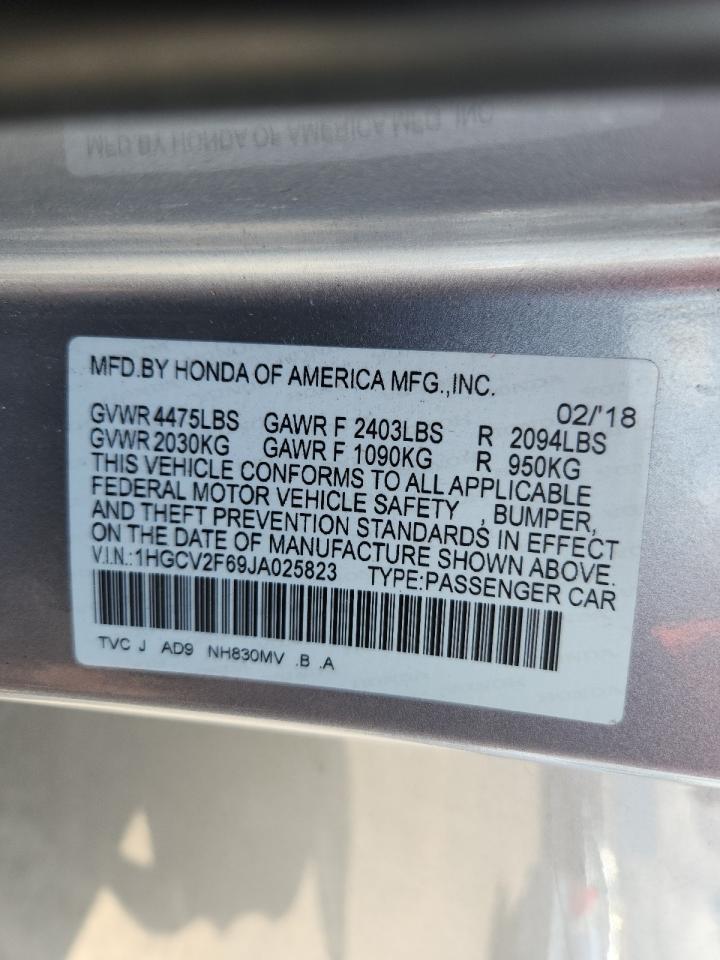 2018 Honda Accord Exl VIN: 1HGCV2F69JA025823 Lot: 62683195