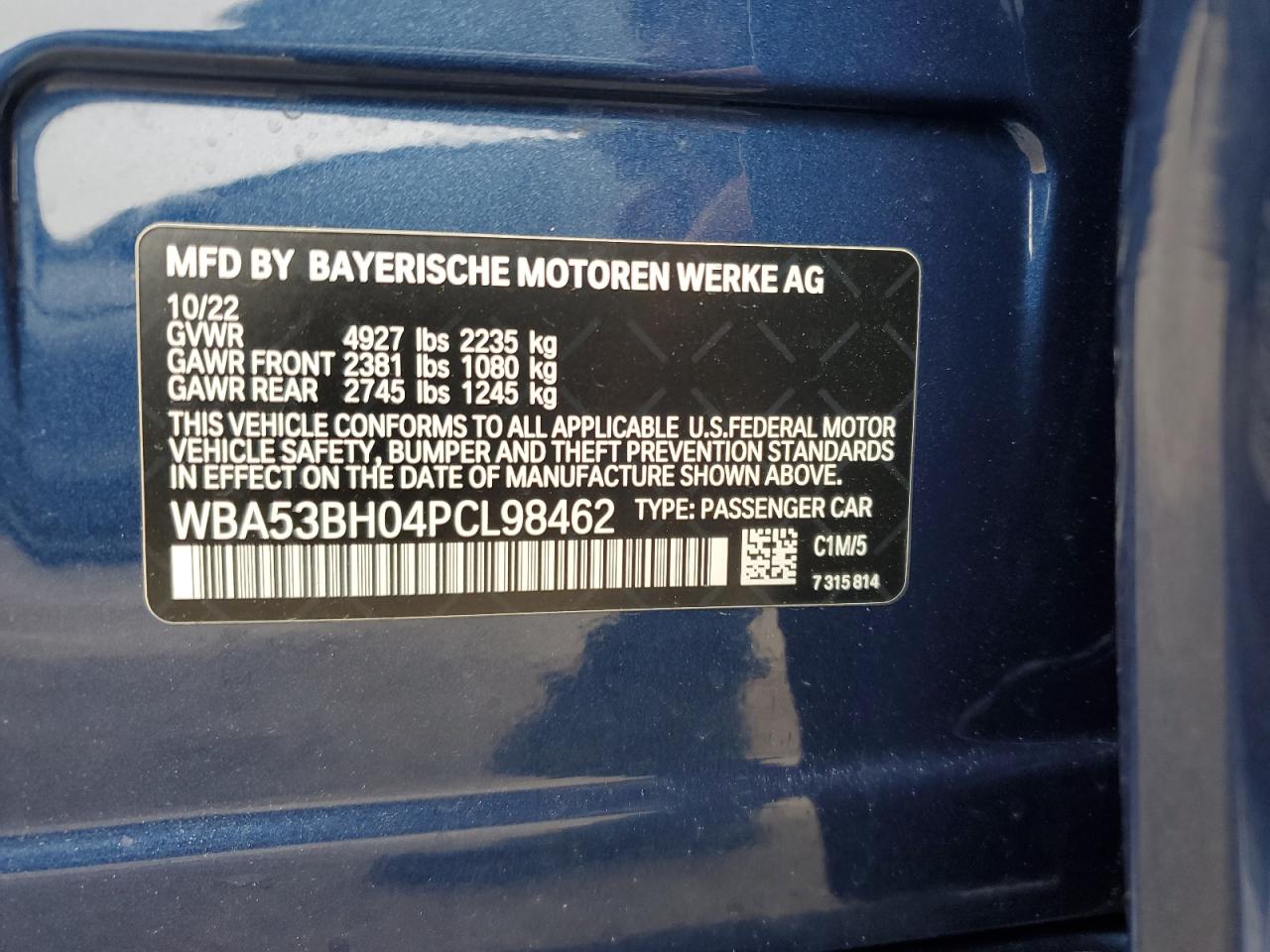 2023 BMW 530 I VIN: WBA53BH04PCL98462 Lot: 61147395