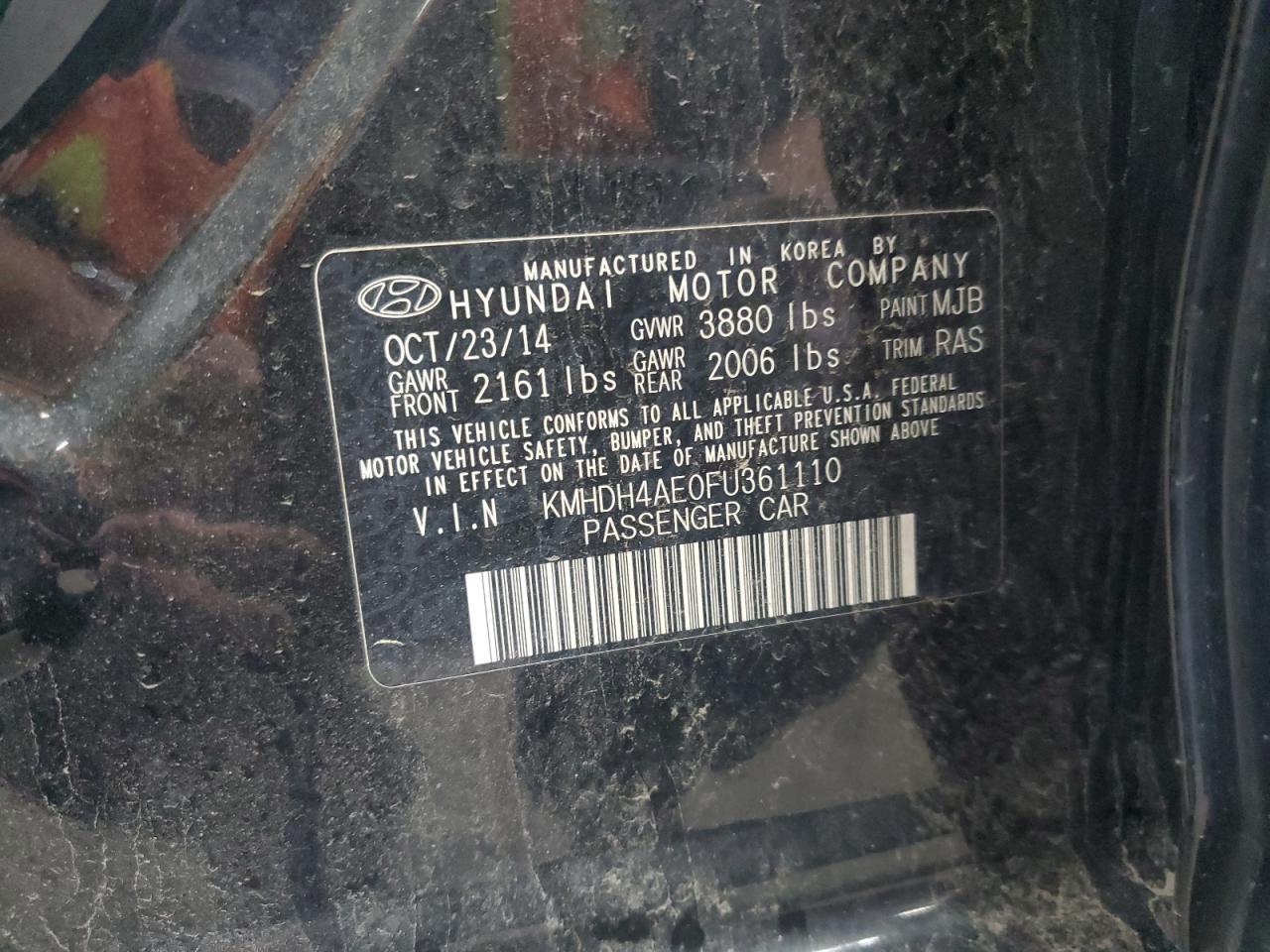 2015 Hyundai Elantra Se VIN: KMHDH4AE0FU361110 Lot: 59508595