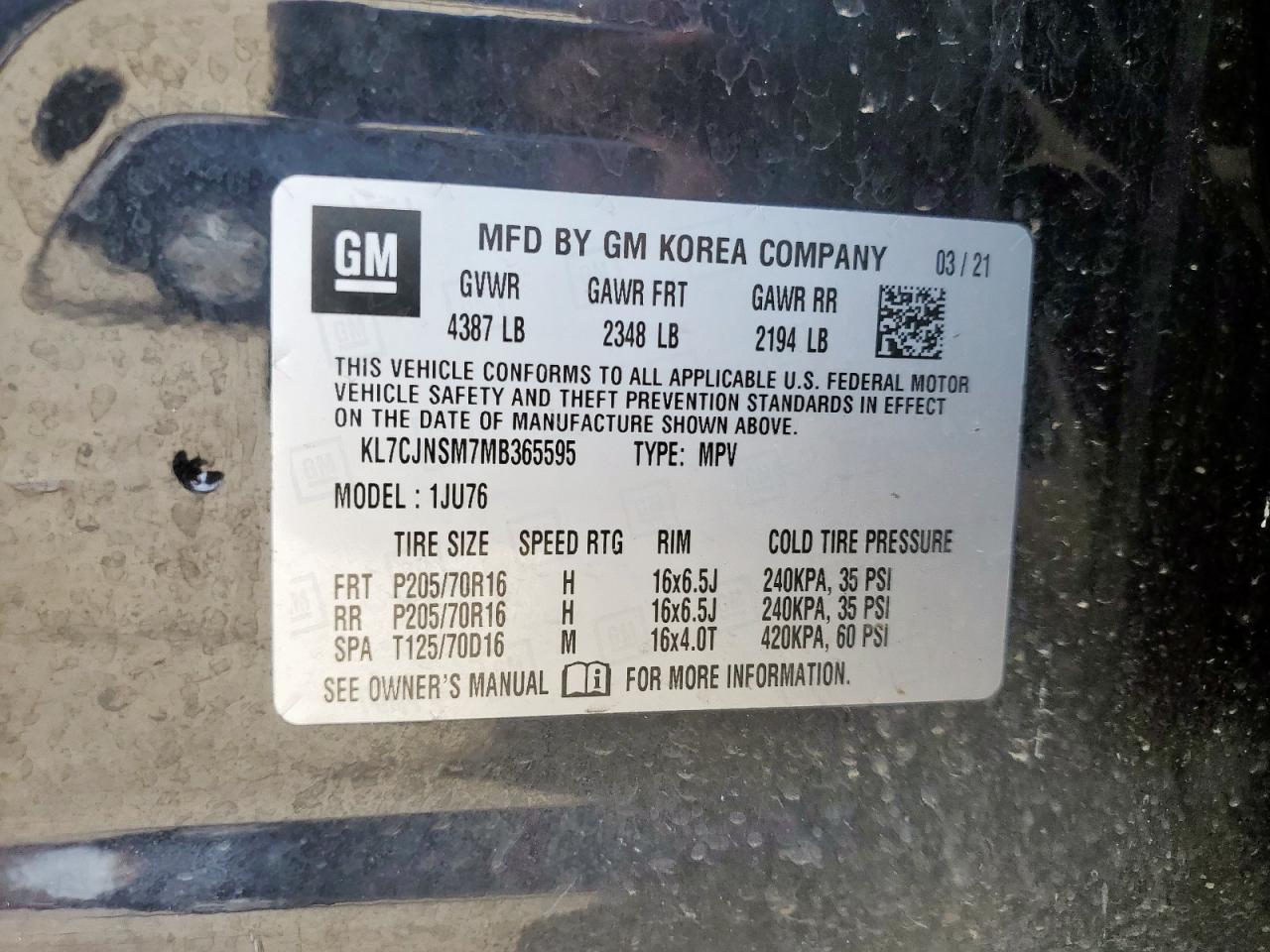 2021 Chevrolet Trax Ls VIN: KL7CJNSM7MB365595 Lot: 58747215