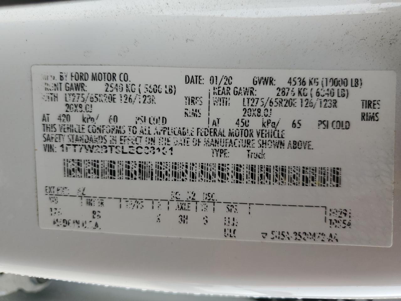 2020 Ford F250 Super Duty VIN: 1FT7W2BT8LEC88101 Lot: 60806435
