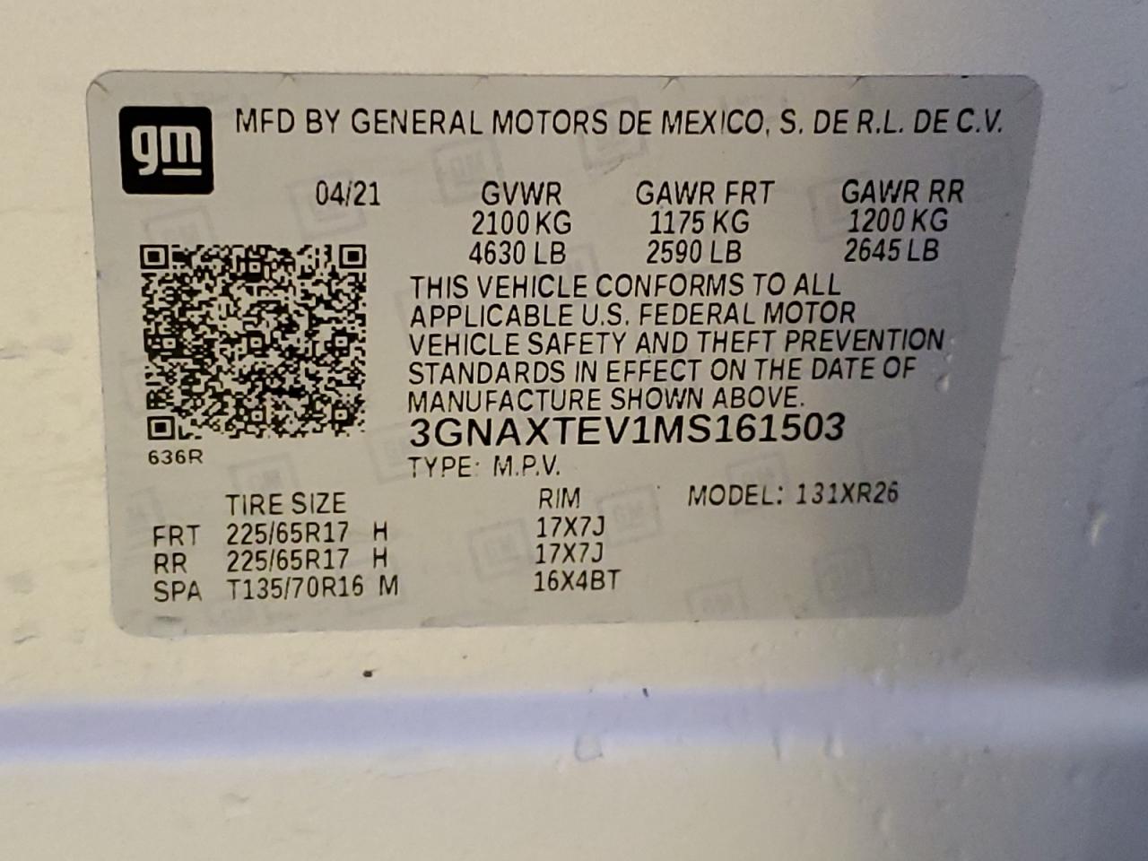 2021 Chevrolet Equinox Lt VIN: 3GNAXTEV1MS161503 Lot: 60896615