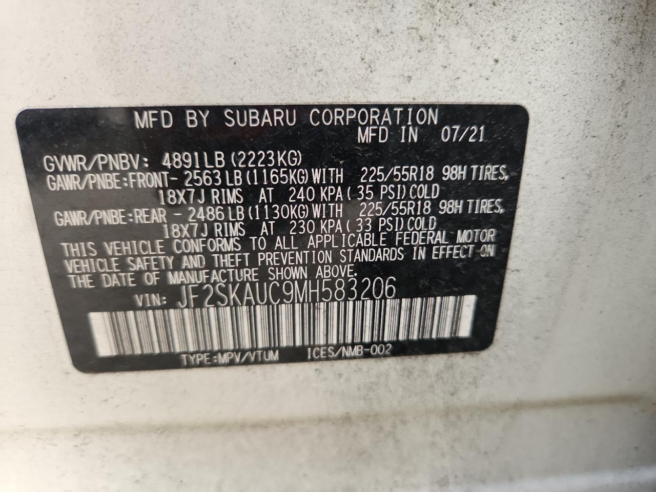 2021 Subaru Forester Limited VIN: JF2SKAUC9MH583206 Lot: 62763515