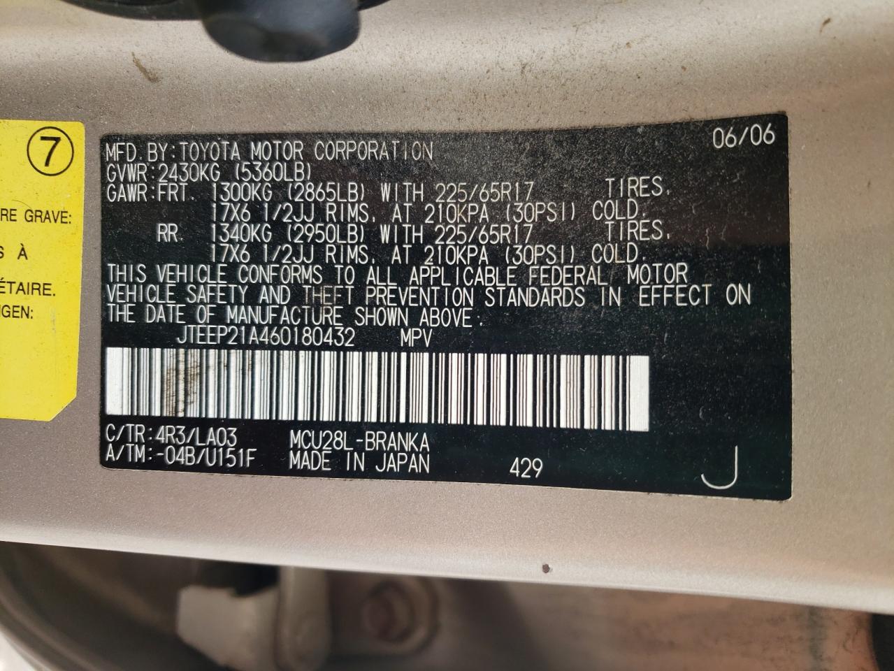 2006 Toyota Highlander Limited VIN: JTEEP21A460180432 Lot: 60049965