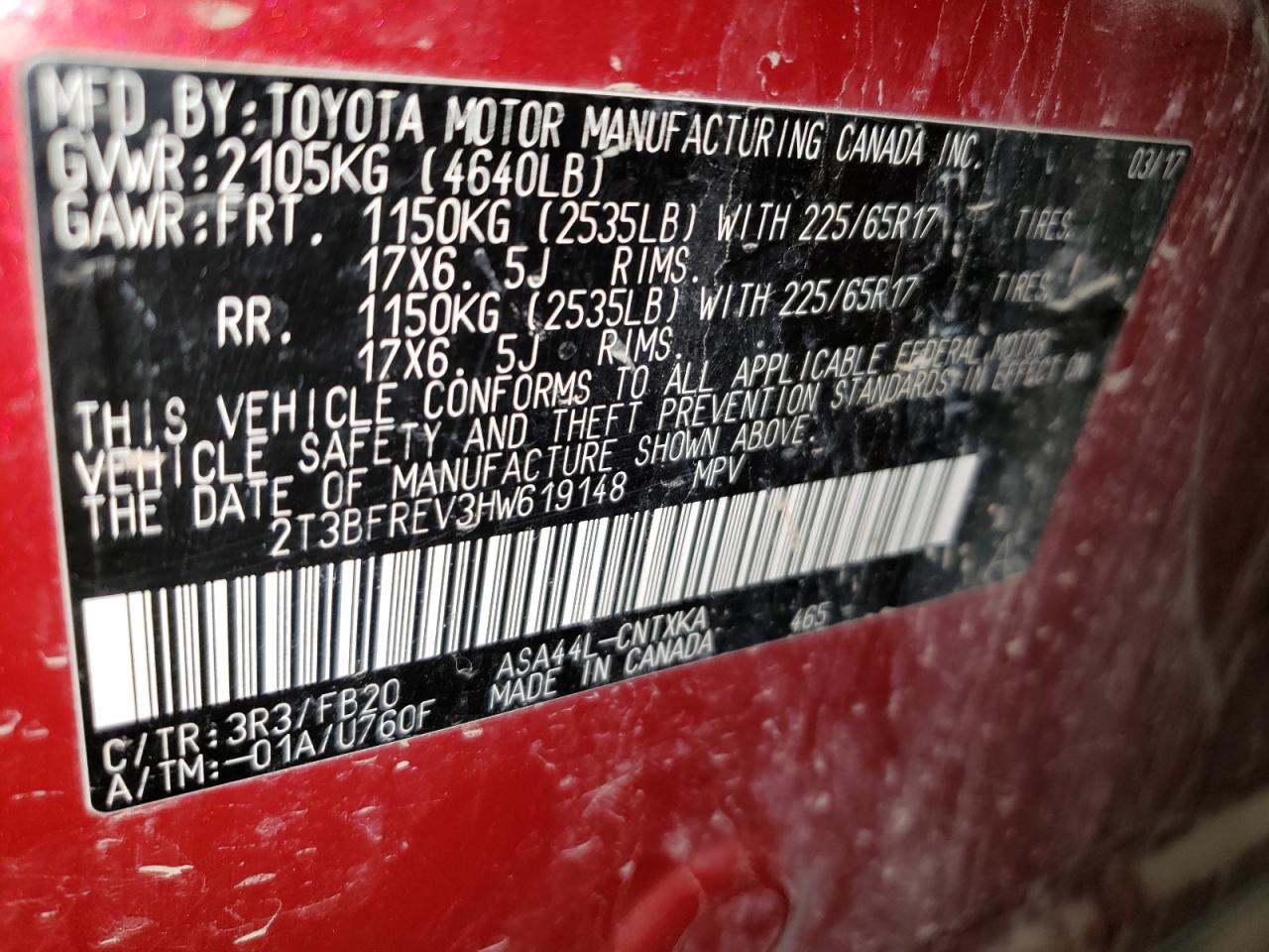 2017 Toyota Rav4 Le VIN: 2T3BFREV3HW619148 Lot: 60869995