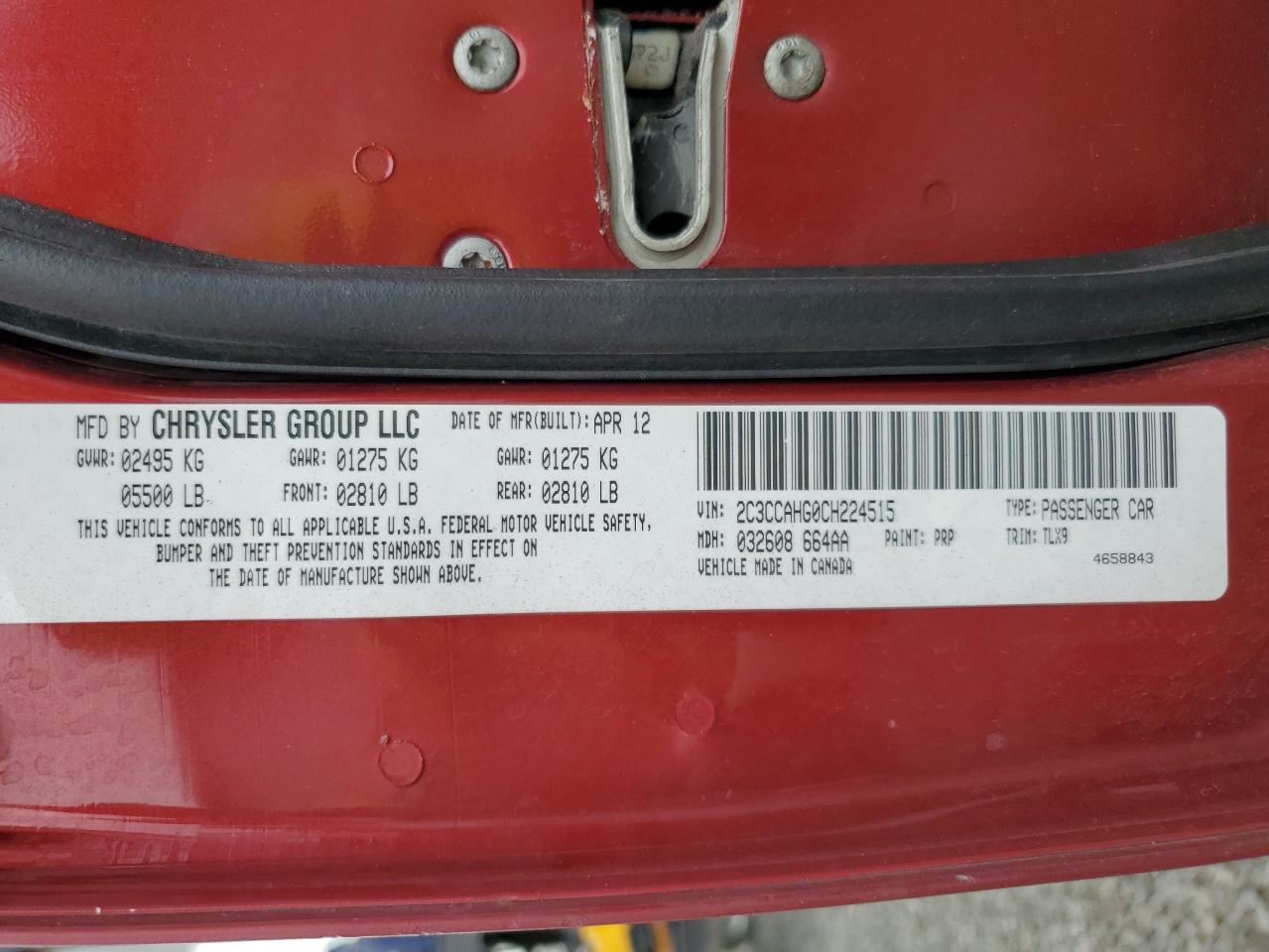 2012 Chrysler 300 Limited VIN: 2C3CCAHG0CH224515 Lot: 64075665