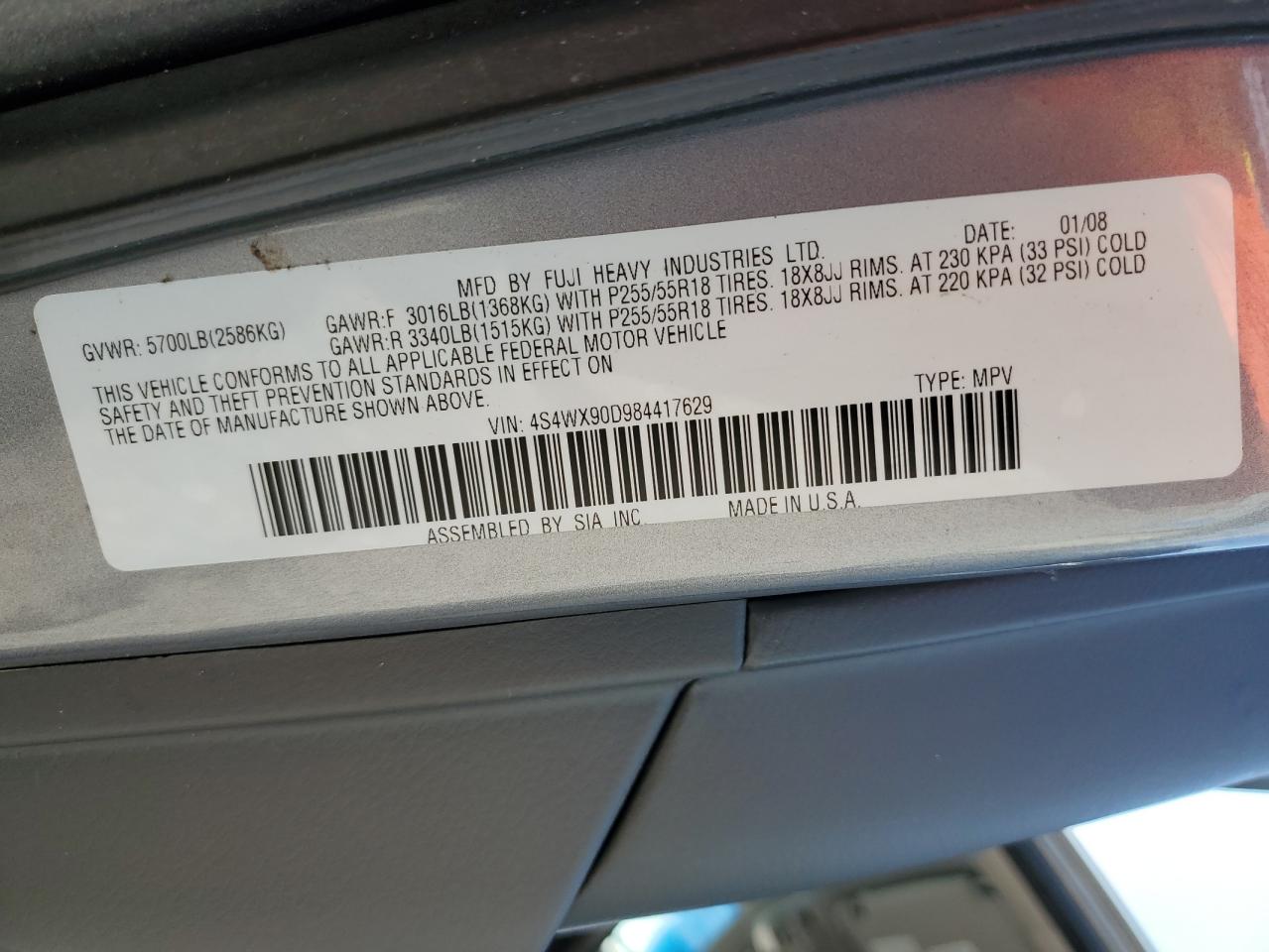 2008 Subaru Tribeca Limited VIN: 4S4WX90D984417629 Lot: 62740235