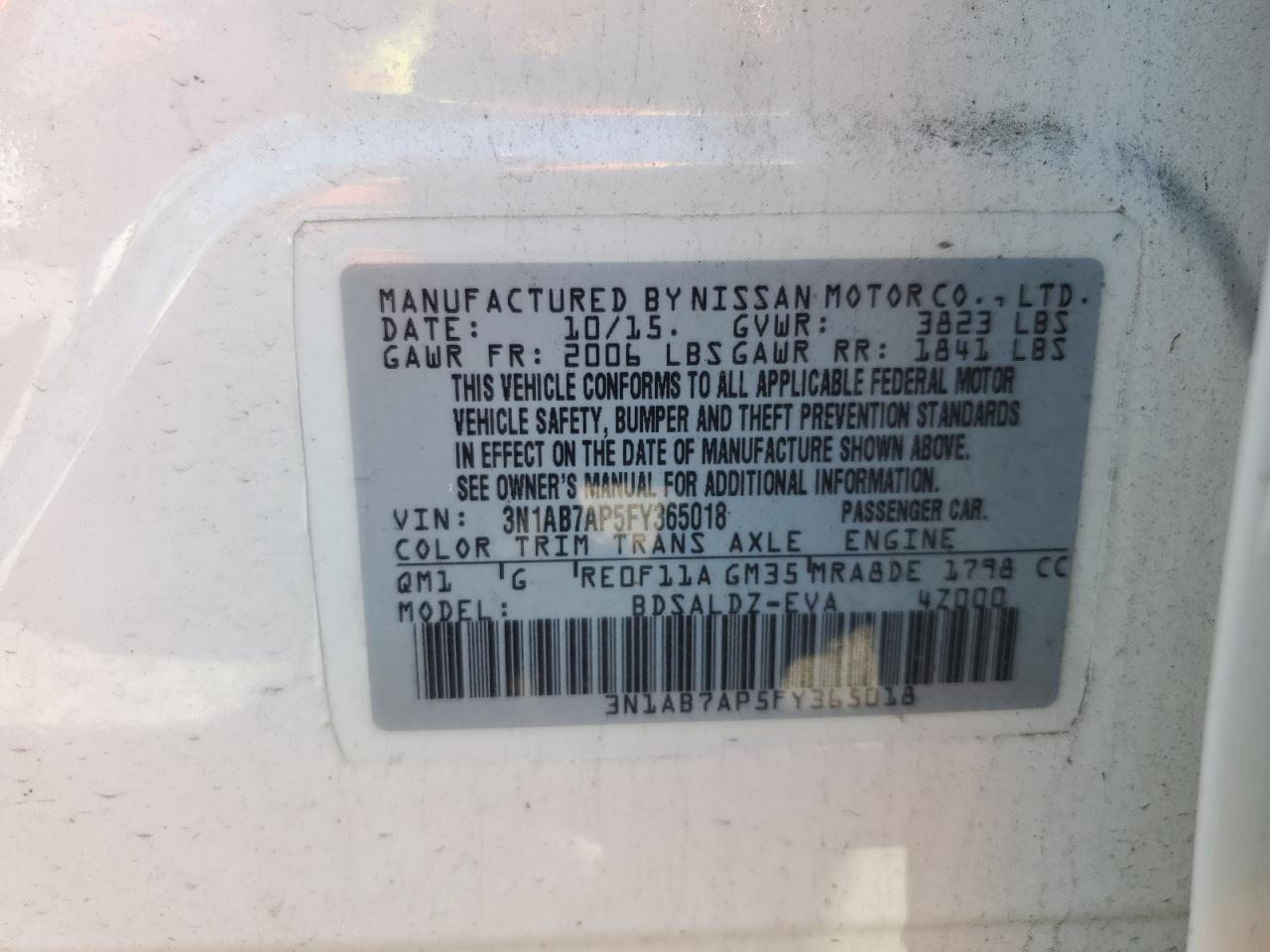 2015 Nissan Sentra S VIN: 3N1AB7AP5FY365018 Lot: 62879895