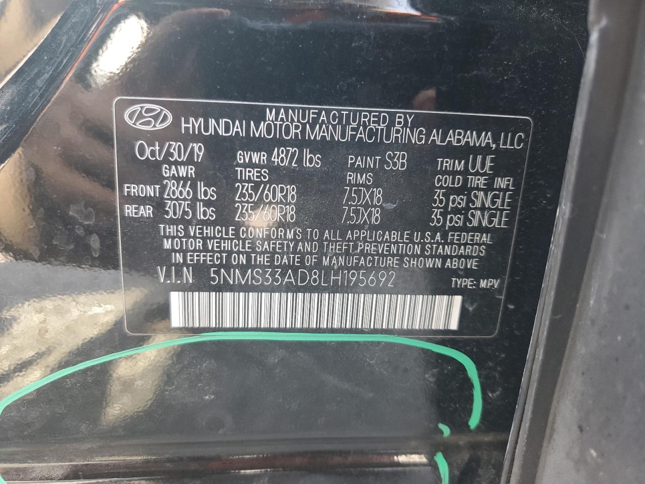 2020 Hyundai Santa Fe Sel VIN: 5NMS33AD8LH195692 Lot: 62137715