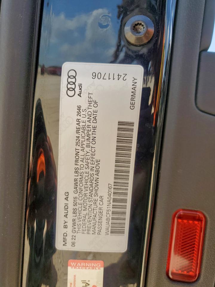 2022 Audi A5 Premium 40 VIN: WAUABCF51NA040167 Lot: 59262455