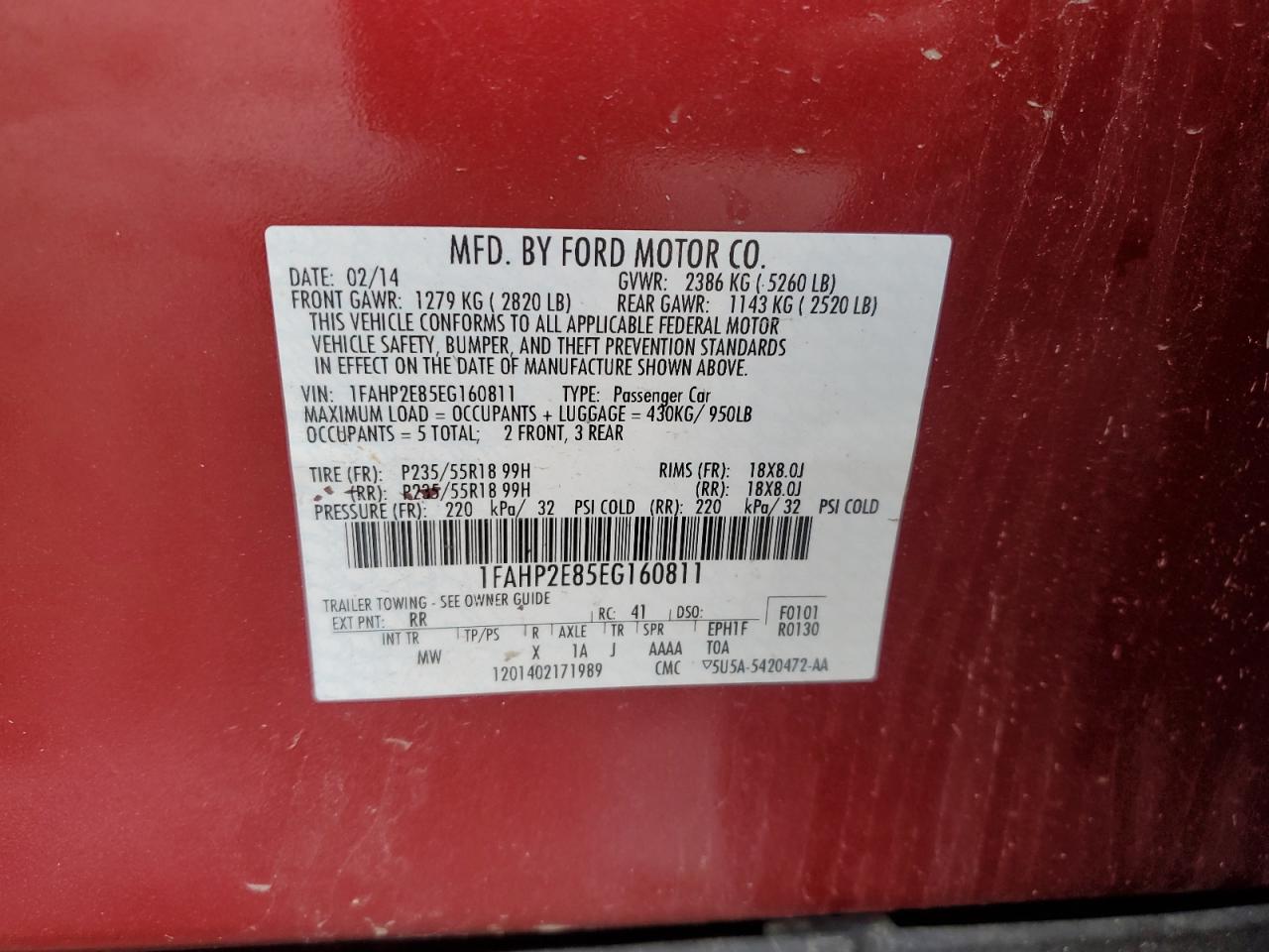 2014 Ford Taurus Sel VIN: 1FAHP2E85EG160811 Lot: 62033975