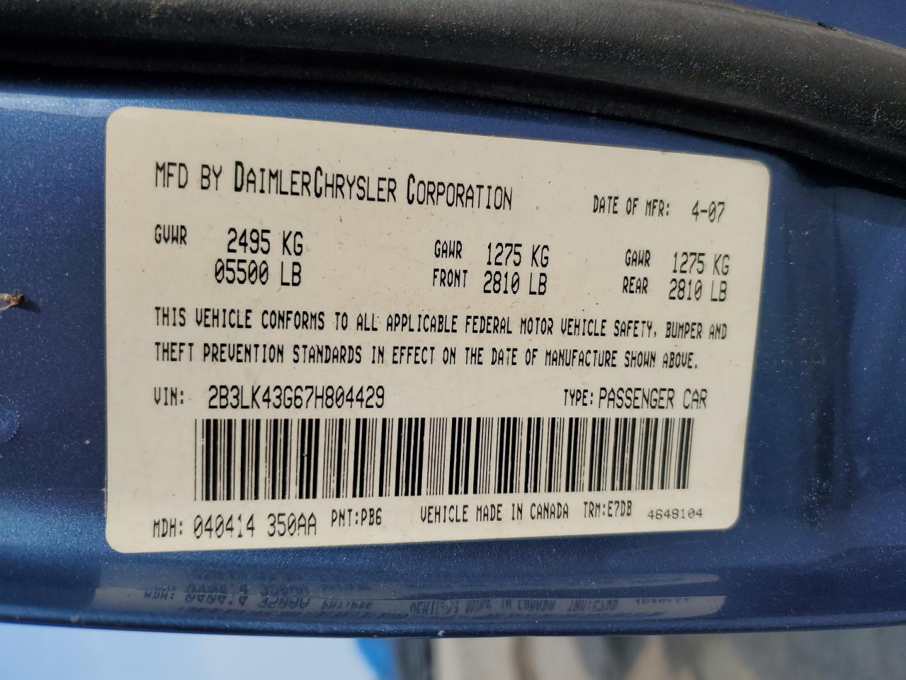 2007 Dodge Charger Se VIN: 2B3LK43G67H804429 Lot: 60683655