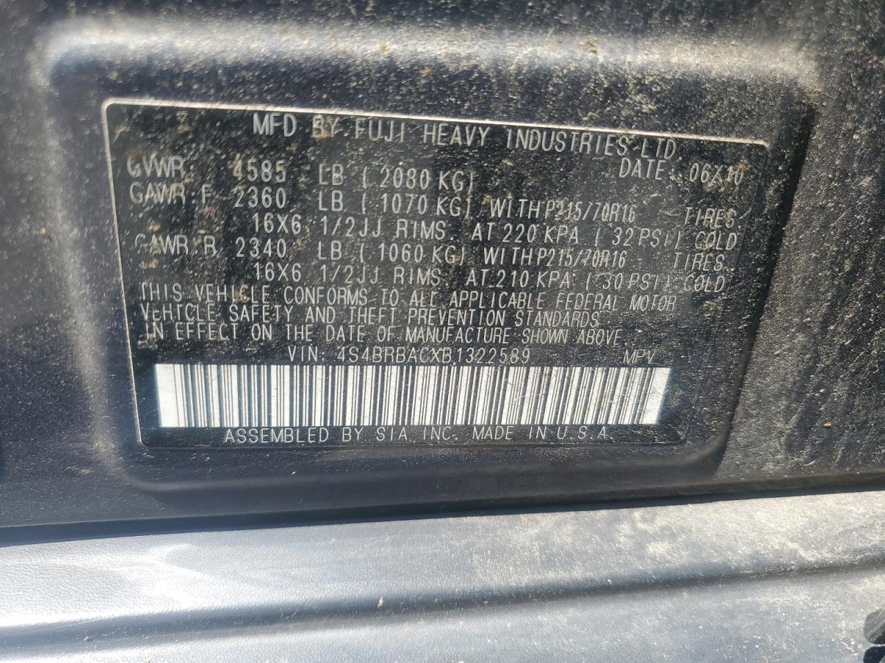 2011 Subaru Outback 2.5I VIN: 4S4BRBACXB1322589 Lot: 61974555