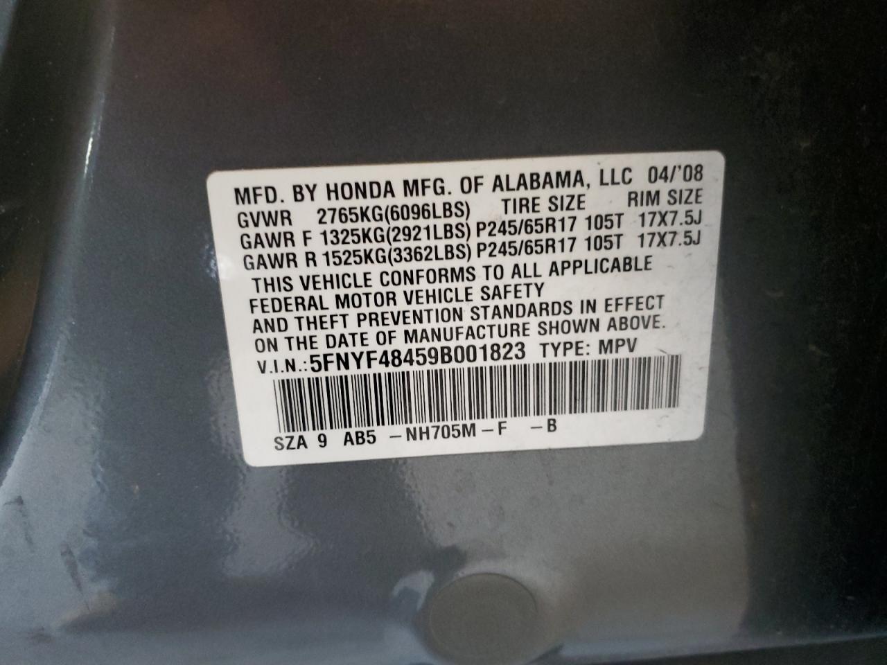 HONDA PILOT 2009 VIN 5FNYF48459B001823 photo 13