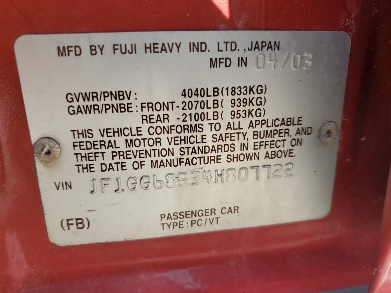 2004 Subaru Impreza Outback Sport VIN: JF1GG68534H807722 Lot: 59512975