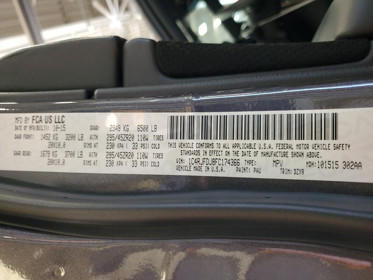 2015 Jeep Grand Cherokee Srt-8 VIN: 1C4RJFDJ8FC174366 Lot: 63005415