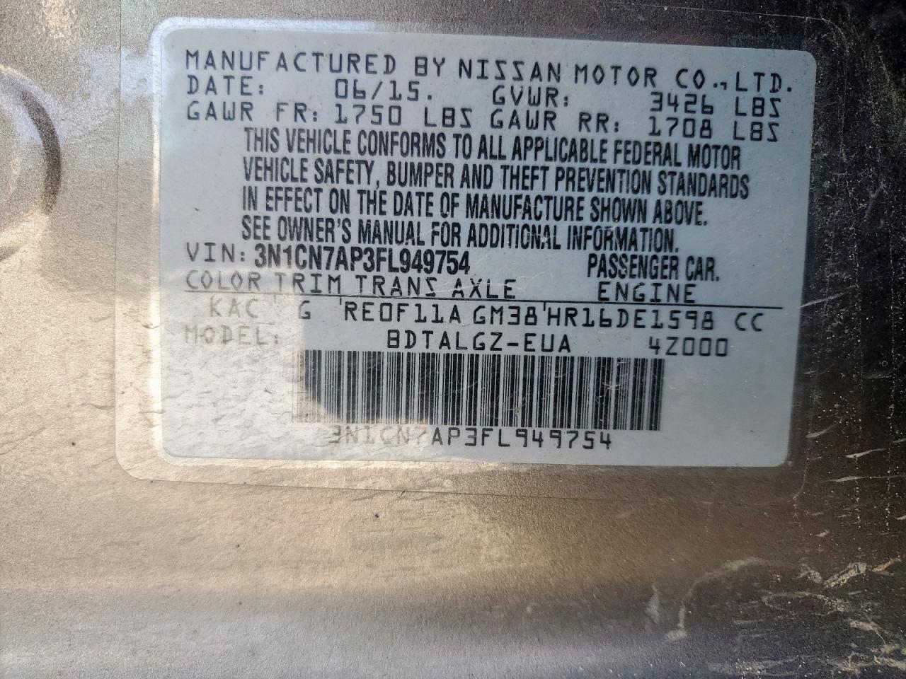 2015 Nissan Versa S VIN: 3N1CN7AP3FL949754 Lot: 62811315