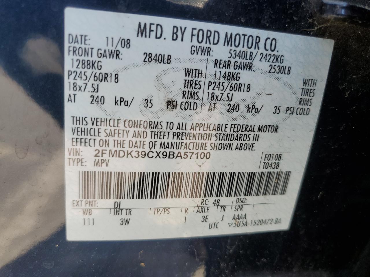 2009 Ford Edge Limited VIN: 2FMDK39CX9BA57100 Lot: 60766085