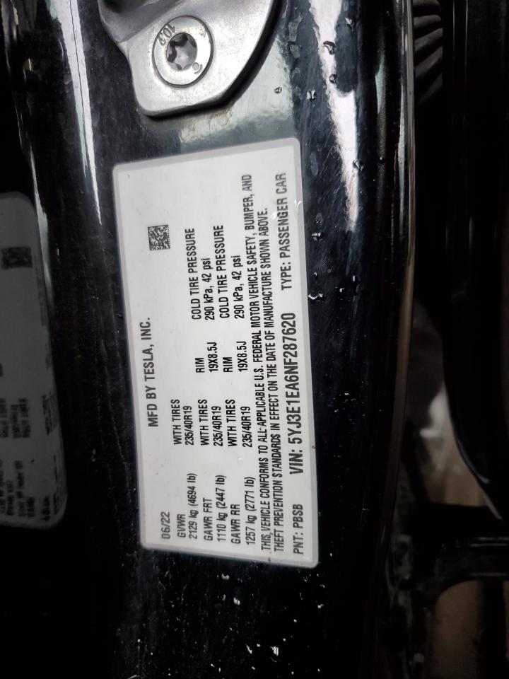 2022 Tesla Model 3 VIN: 5YJ3E1EA6NF287620 Lot: 62234835