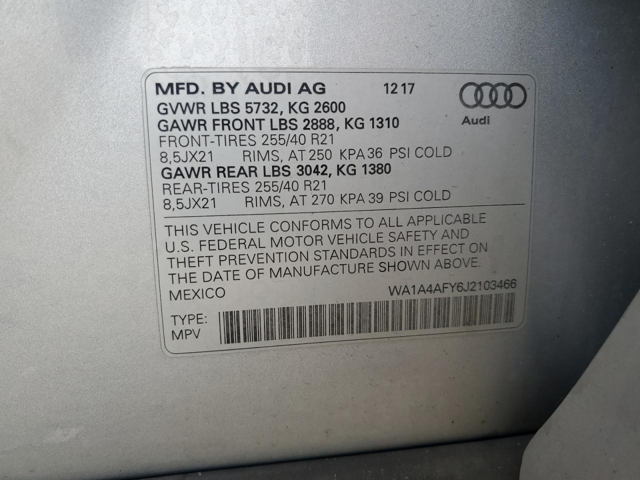 2018 Audi Sq5 Premium Plus VIN: WA1A4AFY6J2103466 Lot: 61204895