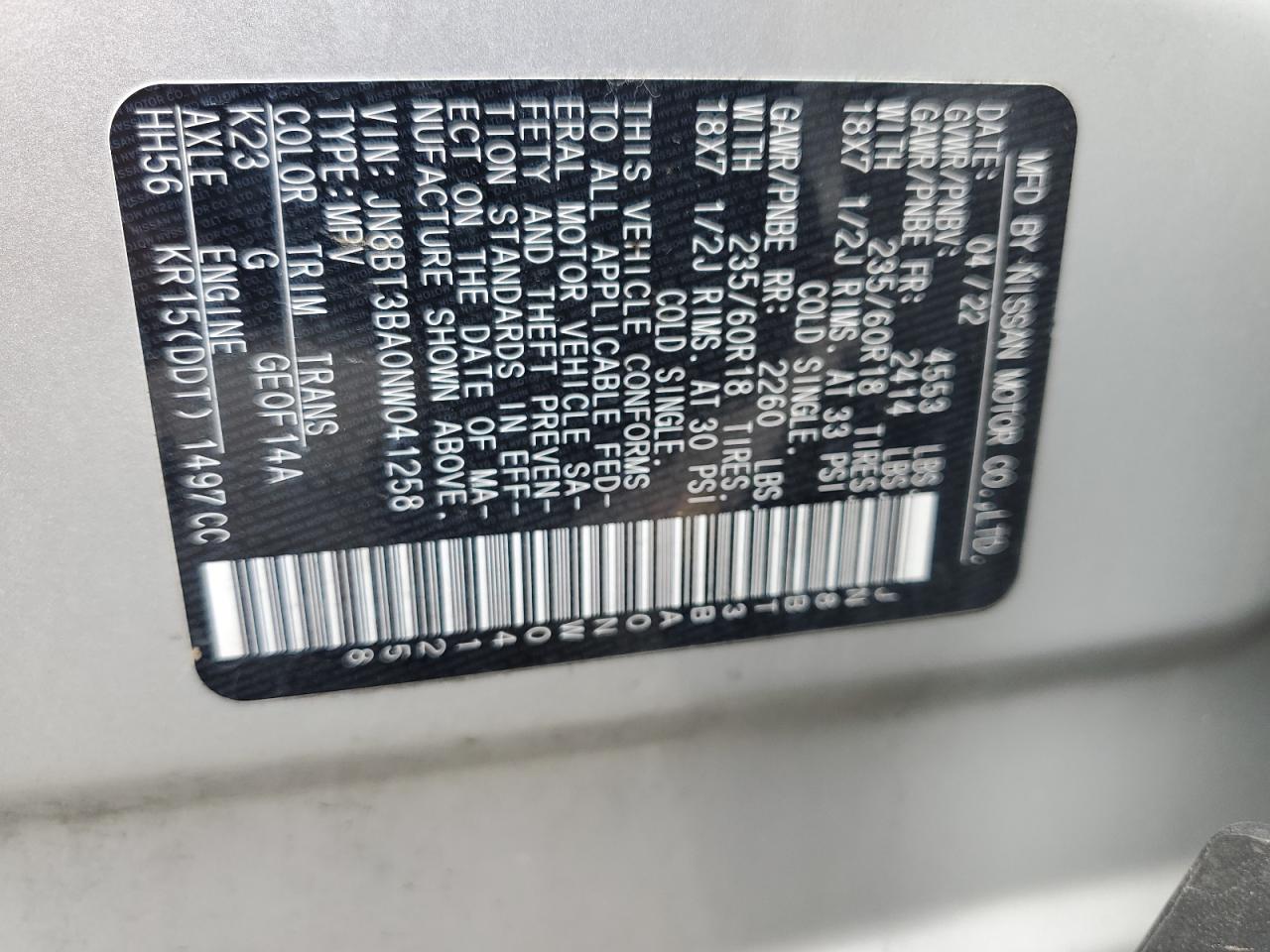 2022 Nissan Rogue Sv VIN: JN8BT3BA0NW041258 Lot: 61807915
