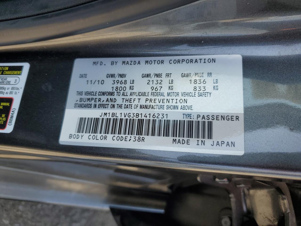 MAZDA 3 2011 VIN JM1BL1VG3B1416231 zdjęcie 12