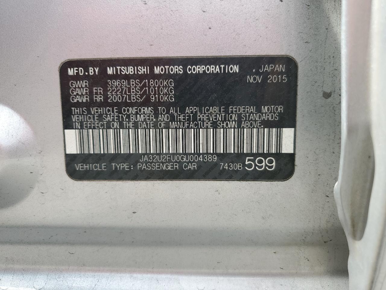 2016 Mitsubishi Lancer Es VIN: JA32U2FU0GU004389 Lot: 60915305
