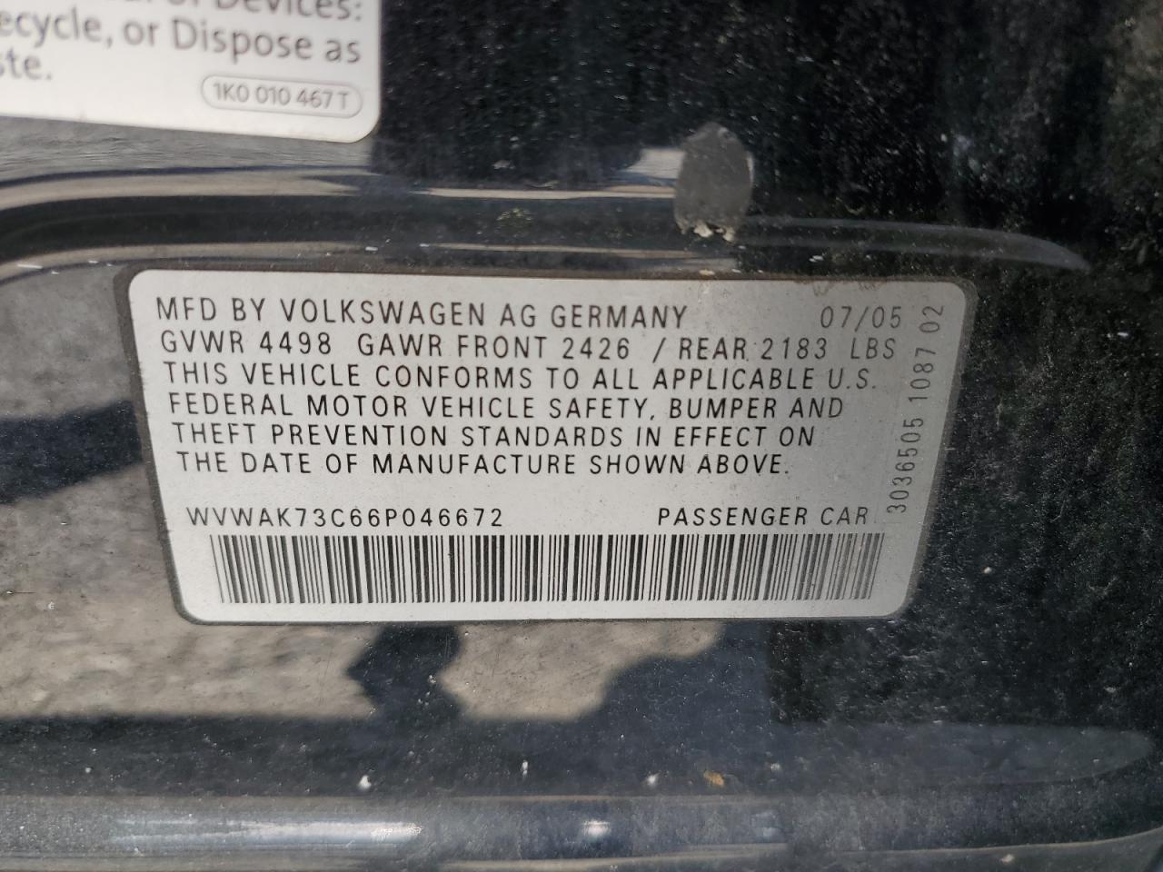 2006 Volkswagen Passat 2.0T VIN: WVWAK73C66P046672 Lot: 60888045