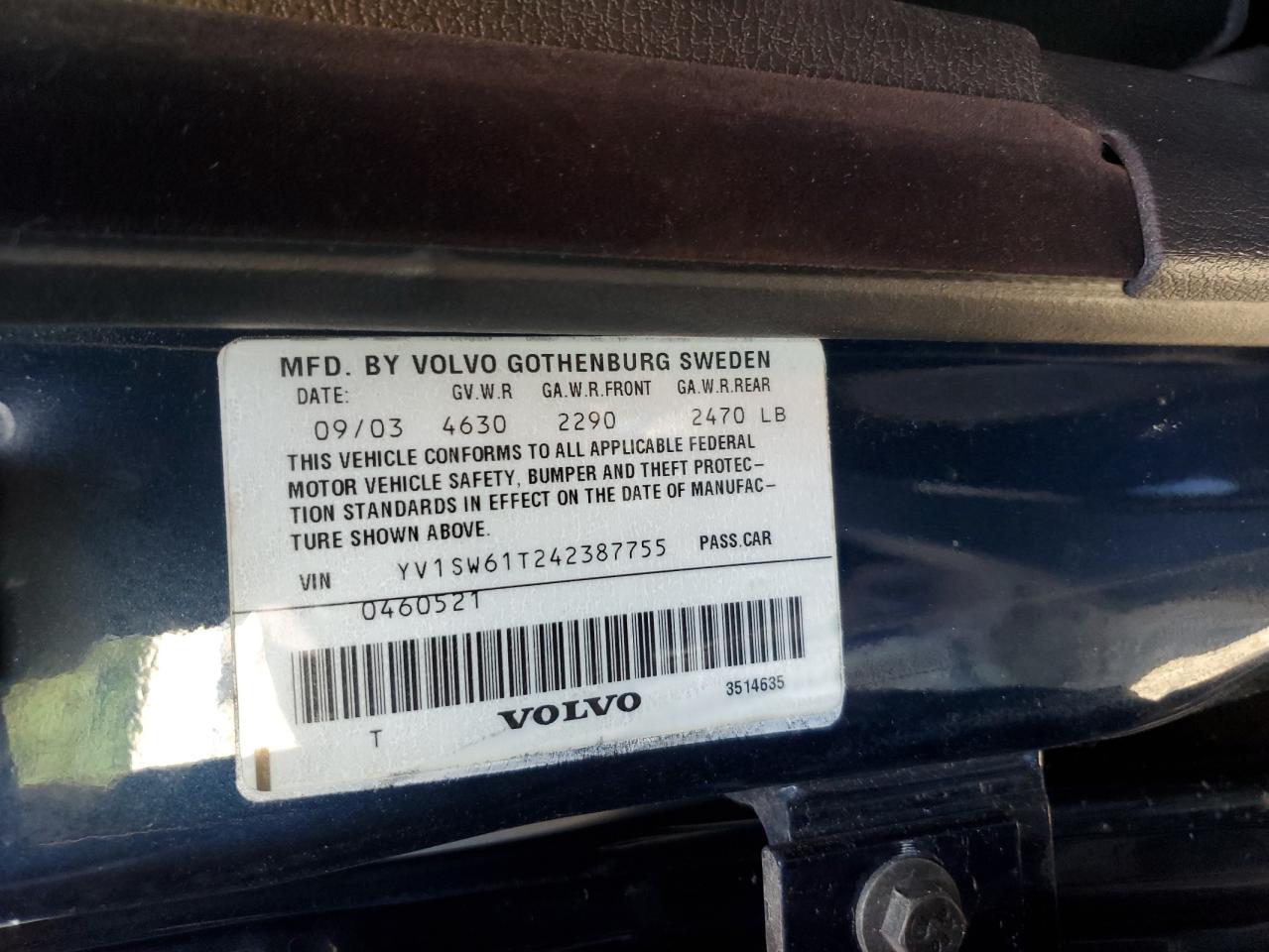 2004 Volvo V70 VIN: YV1SW61T242387755 Lot: 62177825