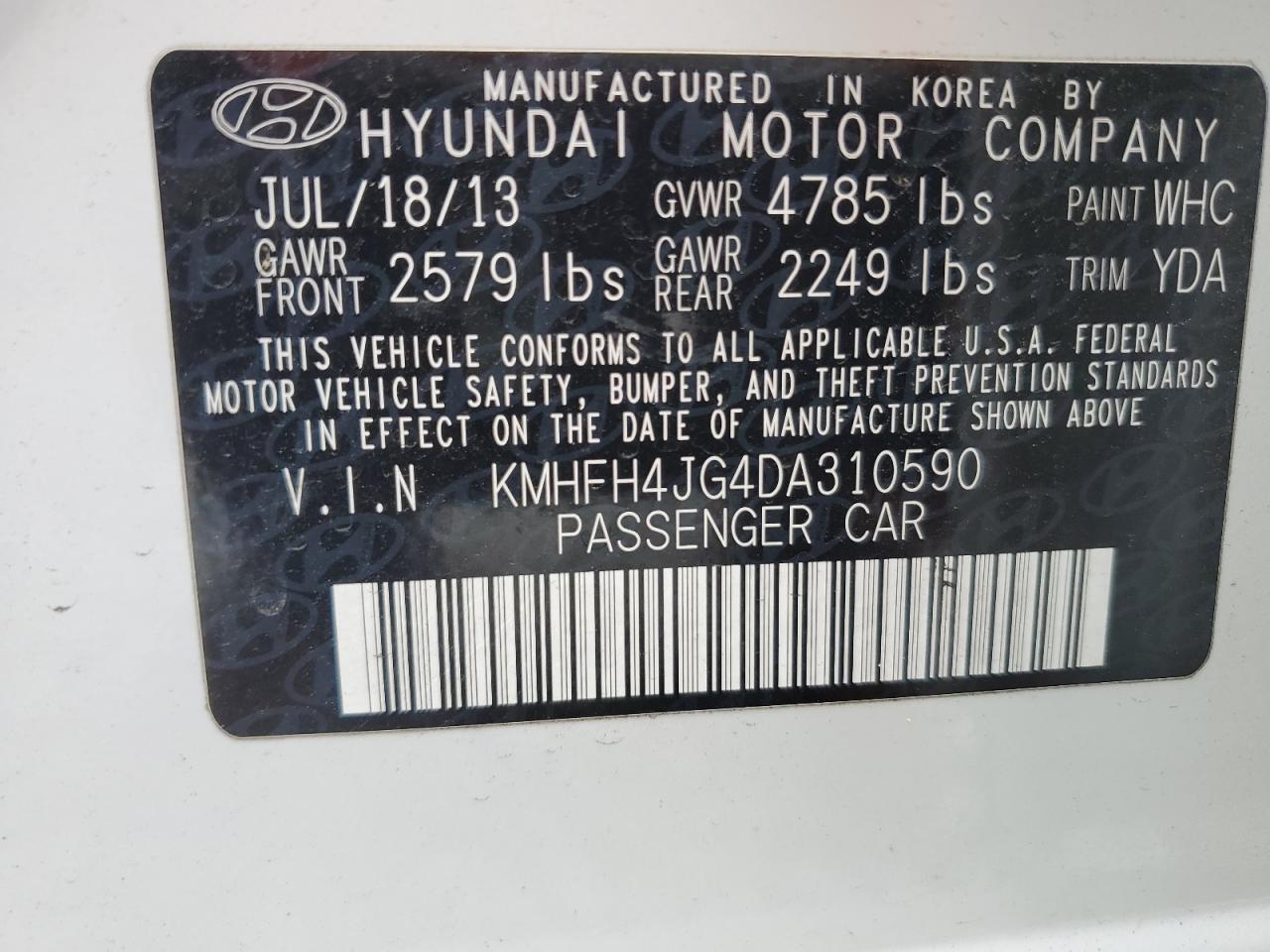 2013 Hyundai Azera Gls VIN: KMHFH4JG4DA310590 Lot: 62472335