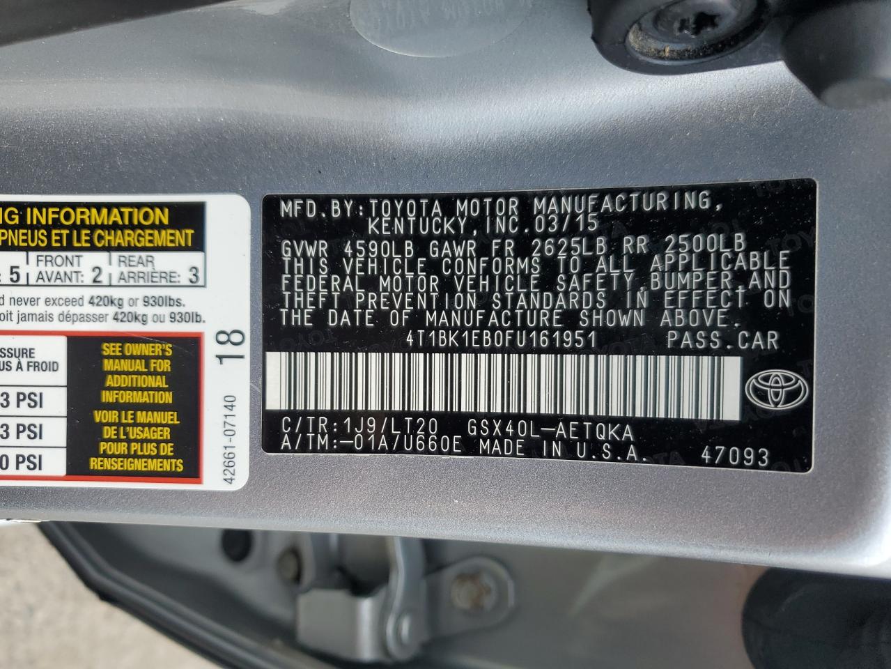 2015 Toyota Avalon Xle VIN: 4T1BK1EB0FU161951 Lot: 60511815