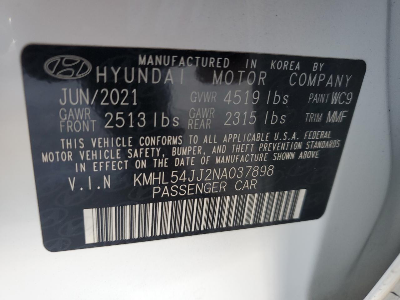 2022 Hyundai Sonata Hybrid VIN: KMHL54JJ2NA037898 Lot: 63232275