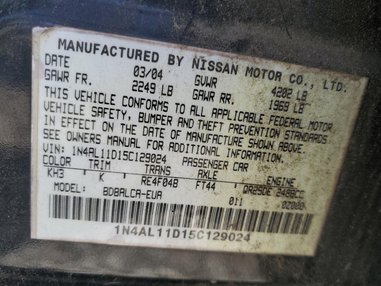 2005 Nissan Altima S VIN: 1N4AL11D15C129024 Lot: 61188255