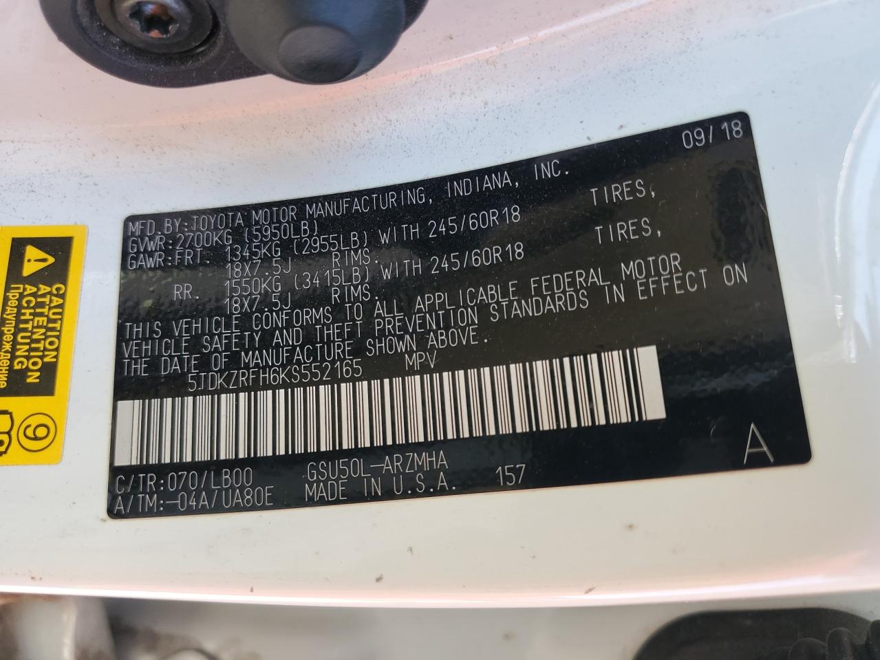 2019 Toyota Highlander Se VIN: 5TDKZRFH6KS552165 Lot: 59599255