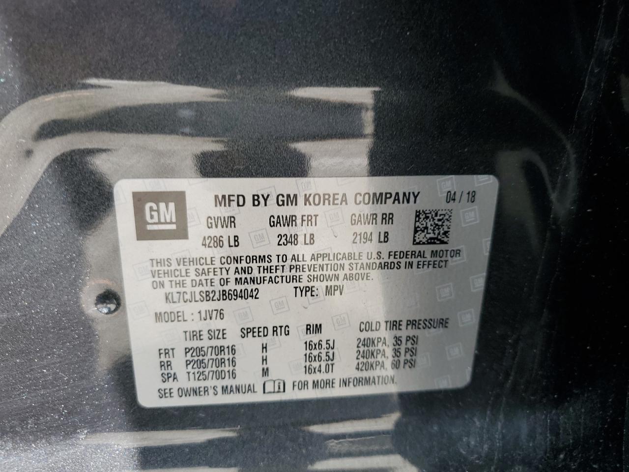 2018 Chevrolet Trax 1Lt VIN: KL7CJLSB2JB694042 Lot: 61847845