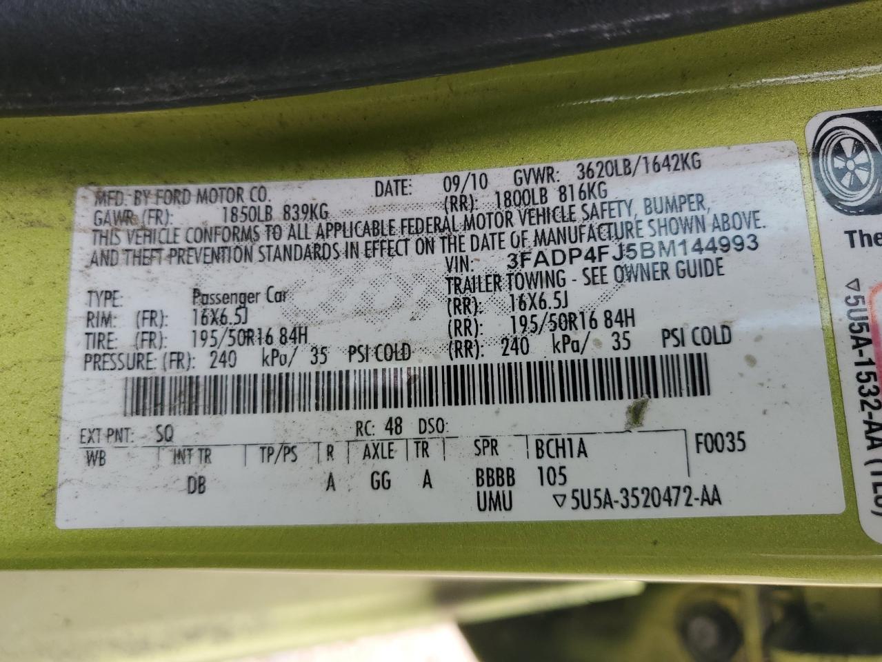 2011 Ford Fiesta Ses VIN: 3FADP4FJ5BM144993 Lot: 62480175
